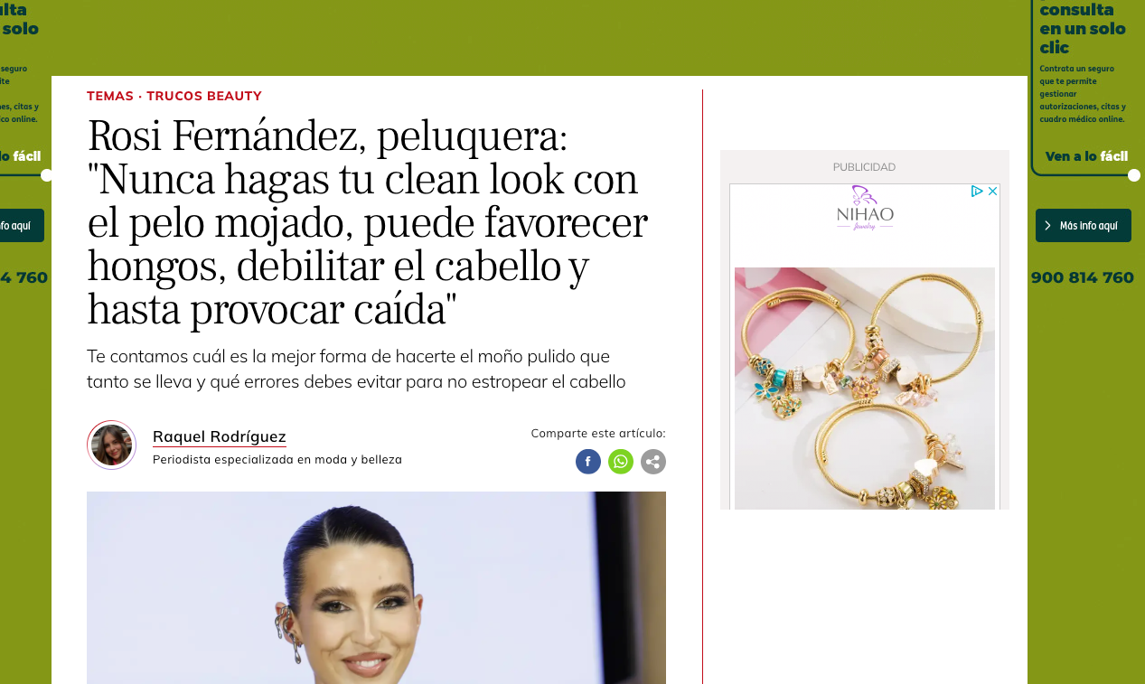 Rosi Fernández, peluquera: "Nunca hagas tu clean look con el pelo mojado, puede favorecer hongos, debilitar el cabello y hasta provocar caída"